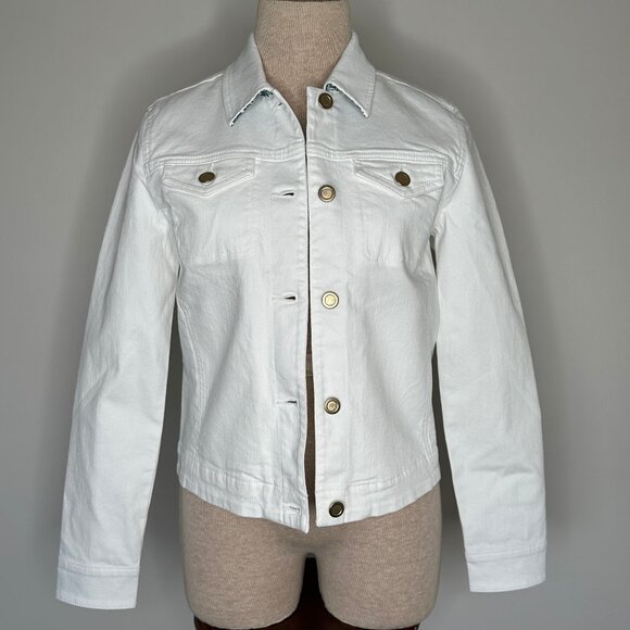 J. McLaughlin Women's Medina White Denim Jacket Gold Buttons Size XS - Picture 2 of 8